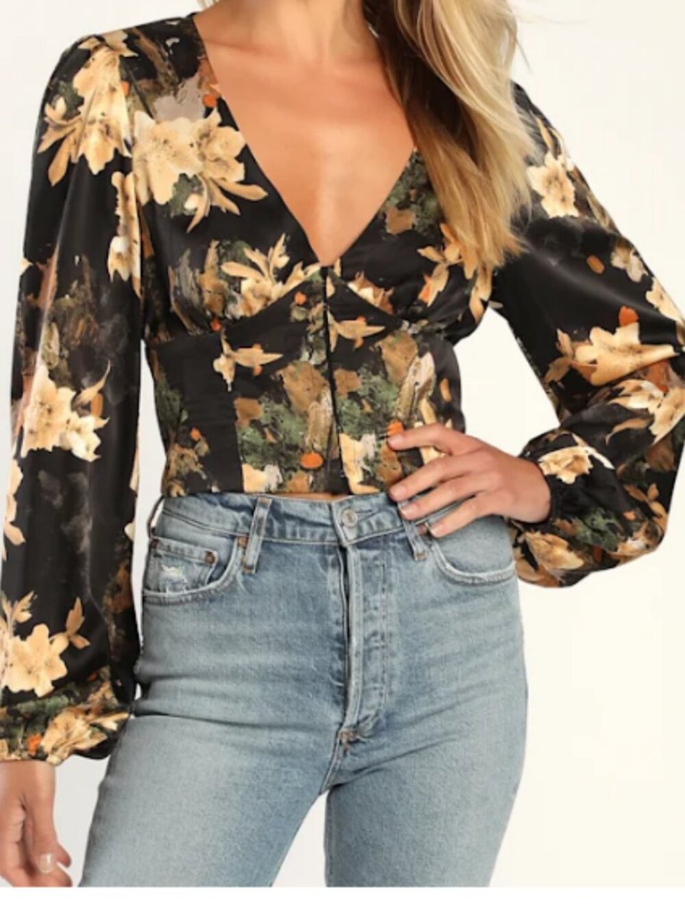 Lulus Trendy Reputation Black Satin Floral Balloon Sleeve Crop Top - Size M